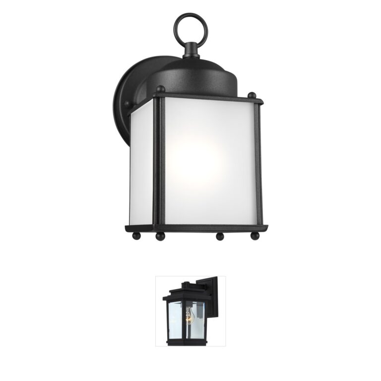 Generation Lighting New Castle Black LED Outdoor Wall Lantern with Satin Etched Glass