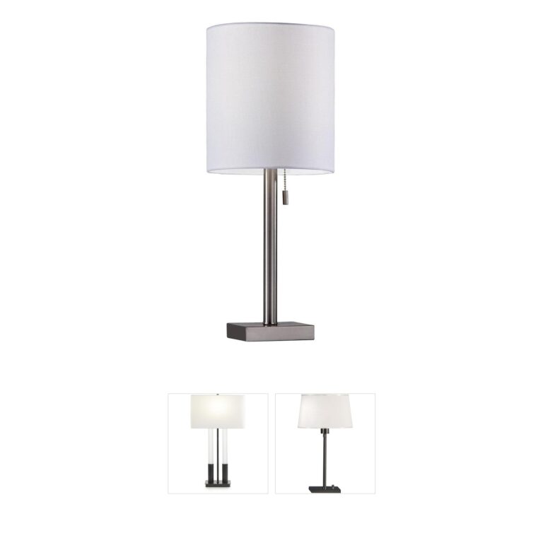 Adesso Liam Brushed Steel Table Lamp with White Fabric Shade