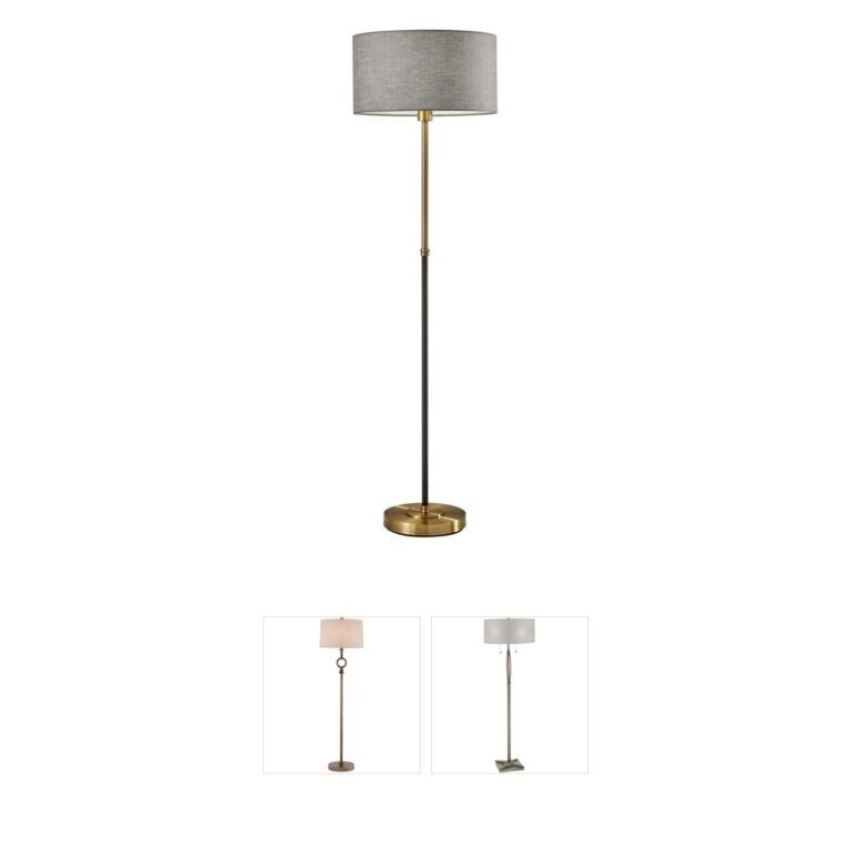 Adesso Bergen Black and Antique Brass Floor Lamp with Grey Textured Drum Shade