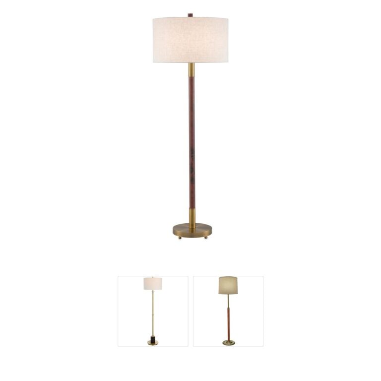 Currey & Company Bravo Rubber Wood Floor Lamp with Off-White Linen Shade