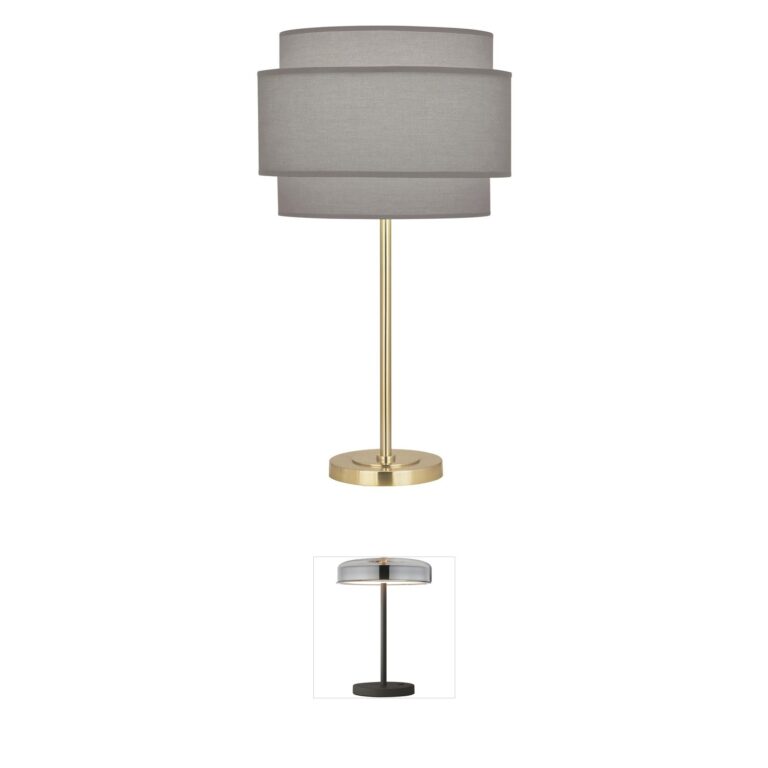 Robert Abbey Decker Modern Brass Table Lamp with Smoke Gray Fabric Shade