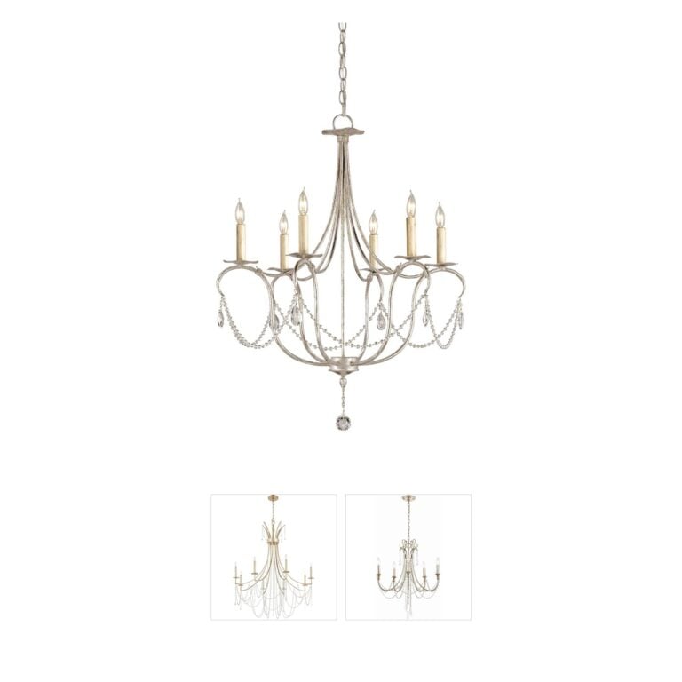 Currey & Company Crystal Lights Silver Leaf Wrought Iron Chandelier