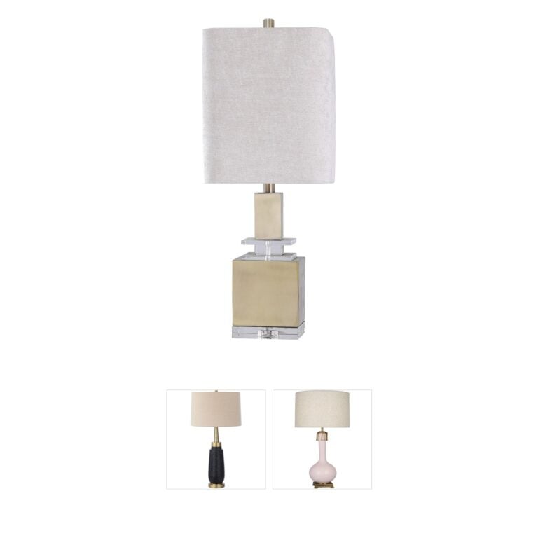 Harp and Finial Ronda Brass and Crystal Column Table Lamp