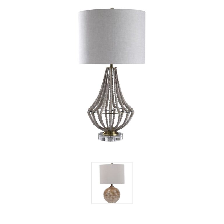 Harp and Finial Aurora Natural Wood Bead and Crystal Table Lamp