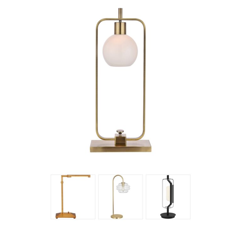 Harp and Finial Crosby Antique Brass and Opal Glass Globe Table Lamp