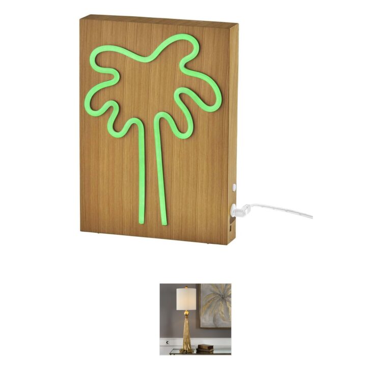 Adesso Wood Framed Neon Palm Tree LED Table Lamp