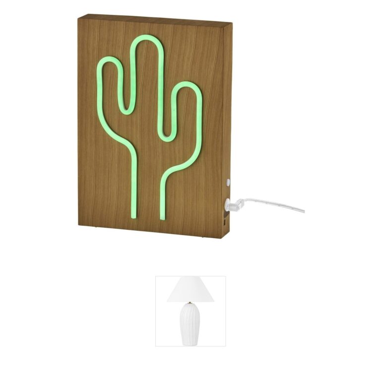 Adesso Wood Framed Neon Cactus Color-Changing LED Lamp