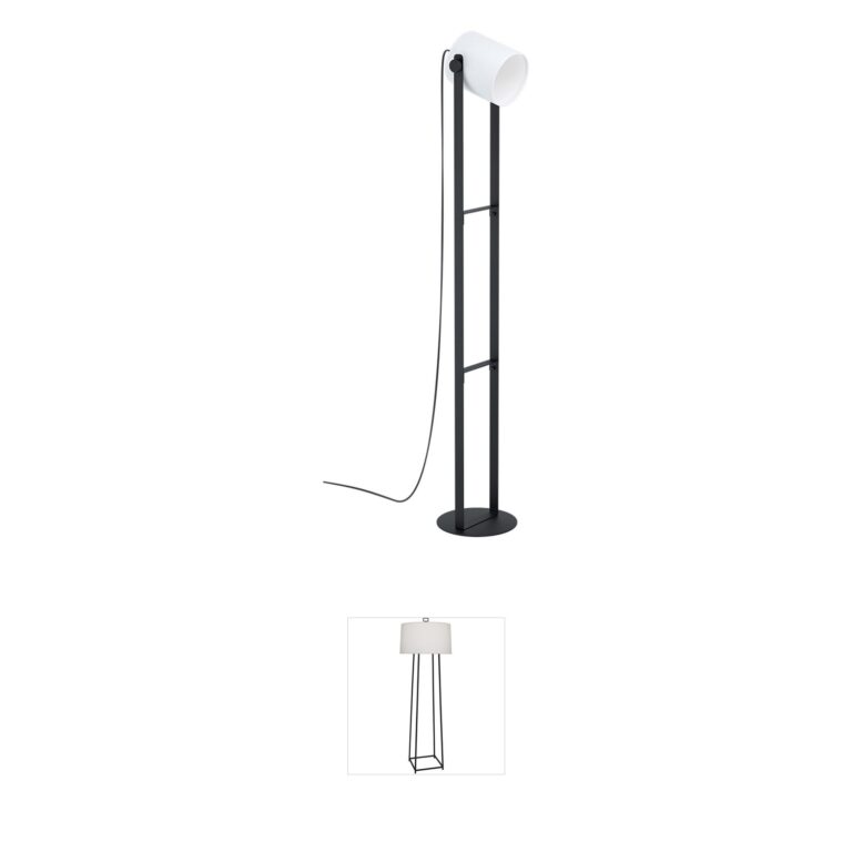 Eglo Burbank Black Wood and Steel Floor Lamp with White Fabric Shade