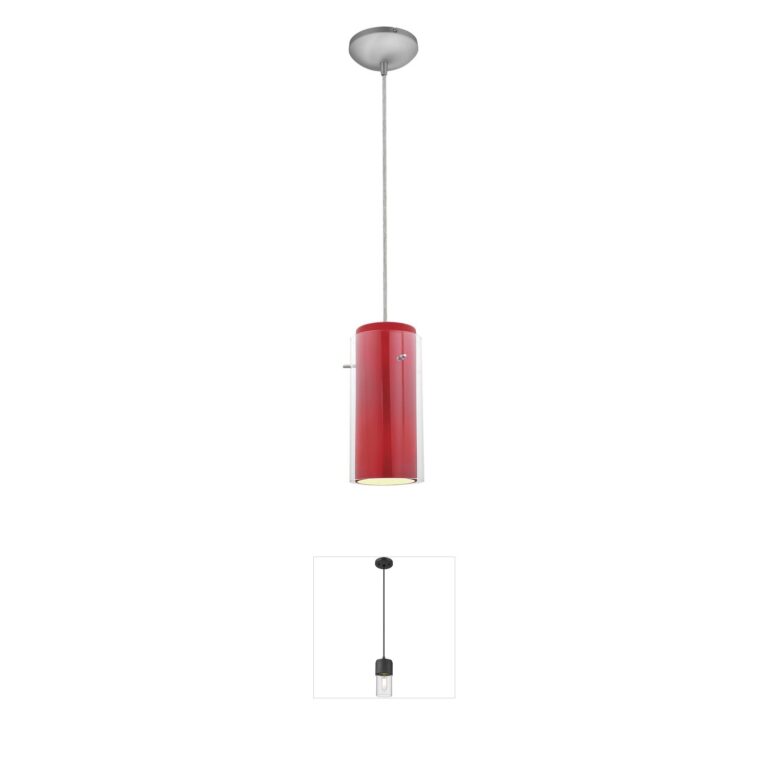 Access Lighting Glassn Glass Cylinder Brushed Steel Pendant with Clear Red Glass