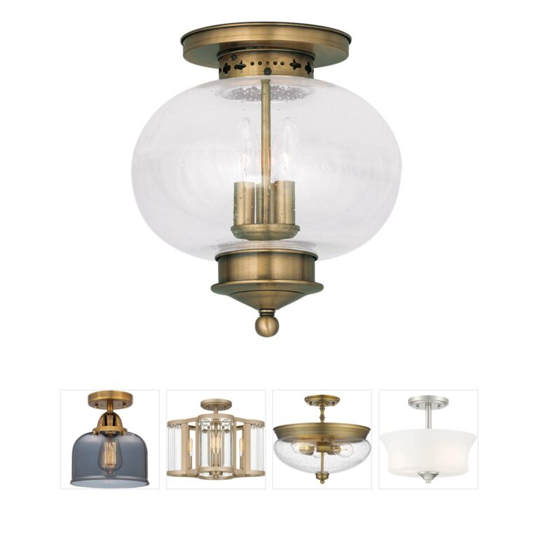 Livex Lighting Harbor Antique Brass Semi-Flush Mount with Seeded Glass