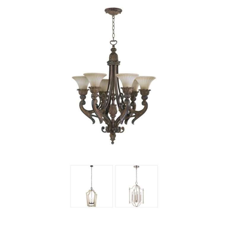 Quorum Madeleine 6-Light Chandelier in Corsican Gold with Antique Amber Scavo Glass