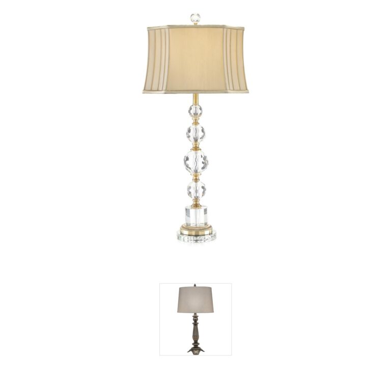 John-Richard Briolette Crystal and Brass Table Lamp with Tan Silk Shade