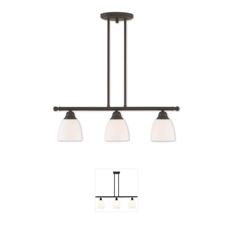 Livex Lighting Somerville 3-Light Bronze Linear Chandelier with Hand Blown Satin Opal White Glass