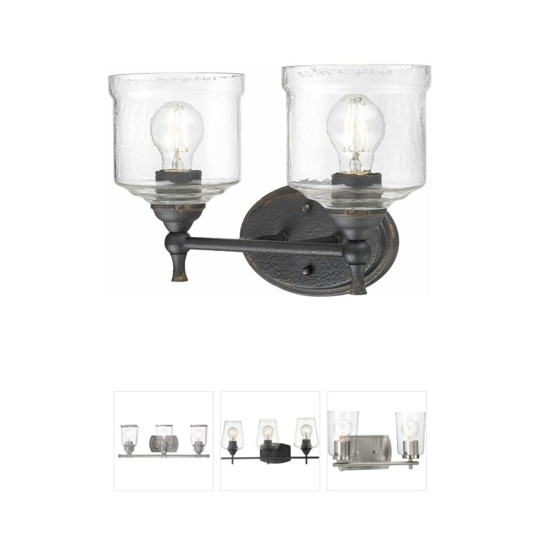Golden Lighting Keating 2-Light Antique Black Iron Vanity with Hammered Water Glass