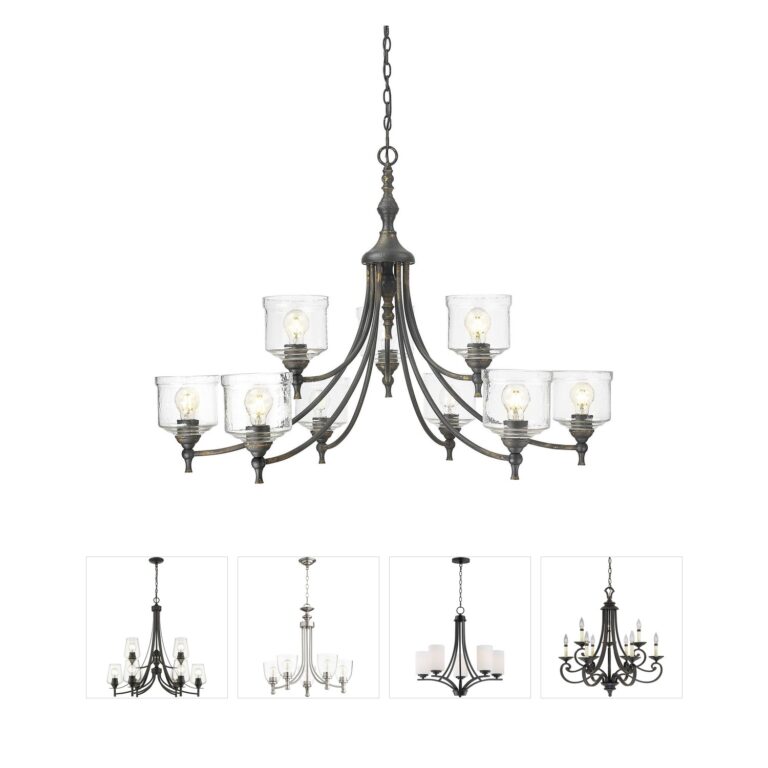 Golden Lighting Keating 9-Light Antique Black Iron Chandelier with Hammered Water Glass