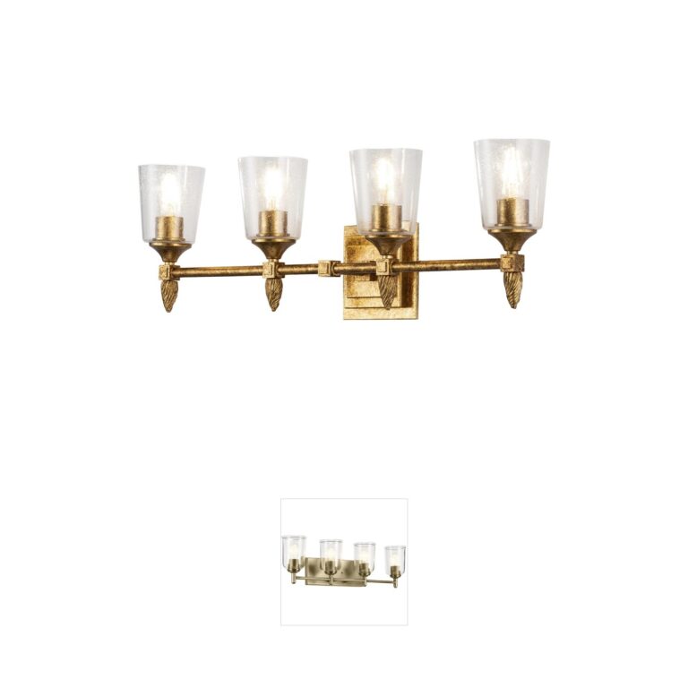Lucas + McKearn Vetiver 4-Light Gold Leaf Vanity with Clear Seeded Glass