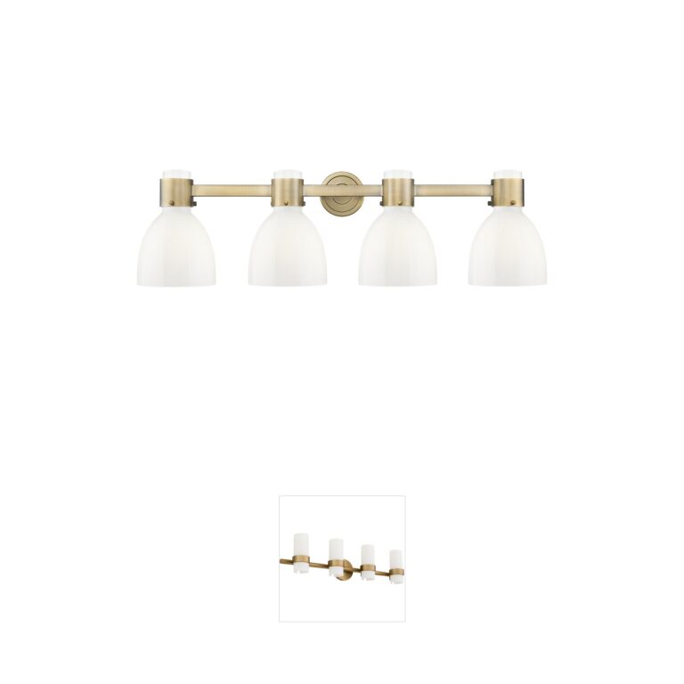 Innovations Lighting Lawton Bell Brushed Brass 4-Light Bath Vanity with Gloss White Glass