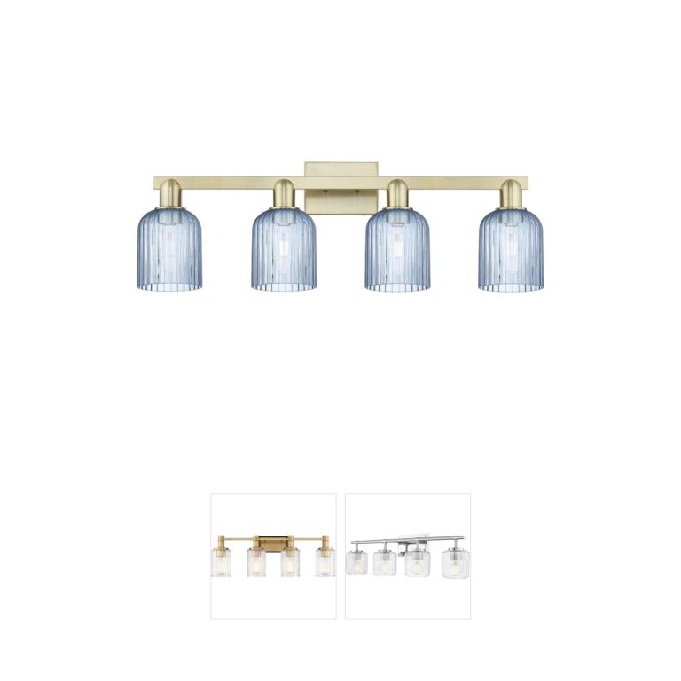 Innovations Lighting Bridal Veil 32" 4-Light Antique Brass Blue Glass Vanity