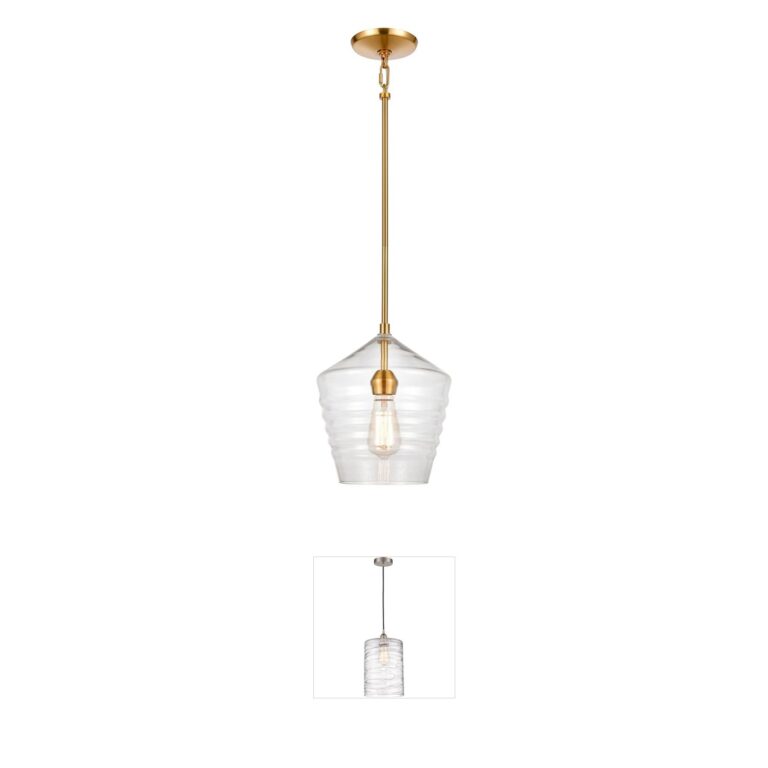 Atlas Lighting & Home Konis 10-Inch Satin Brass and Clear Ribbed Glass Mini Pendant