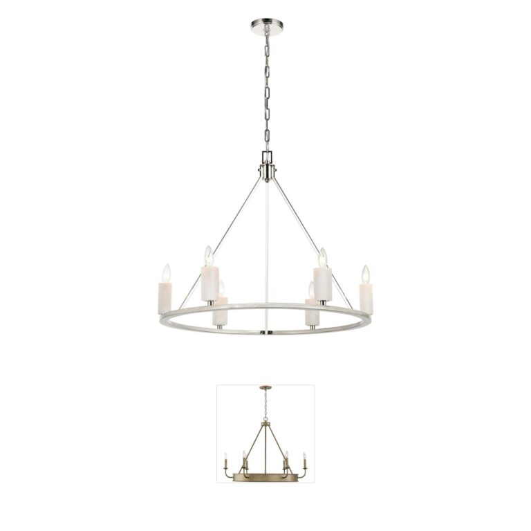 Atlas Lighting & Home White Stone 6-Light Chandelier in Polished Nickel and Sunbleached Oak