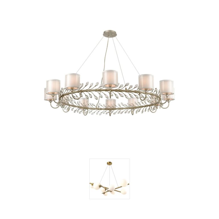 Atlas Lighting & Home Asbury 62-Inch 12-Light Aged Silver Chandelier with Silver Organza Shades