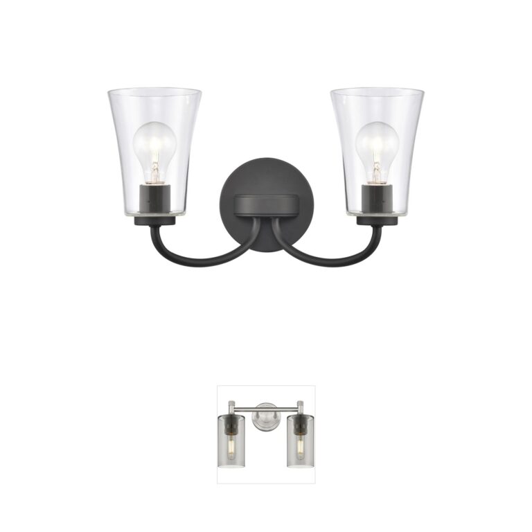 Atlas Lighting & Home Emily 2-Light Matte Black Vanity Light with Clear Glass Bell Shades