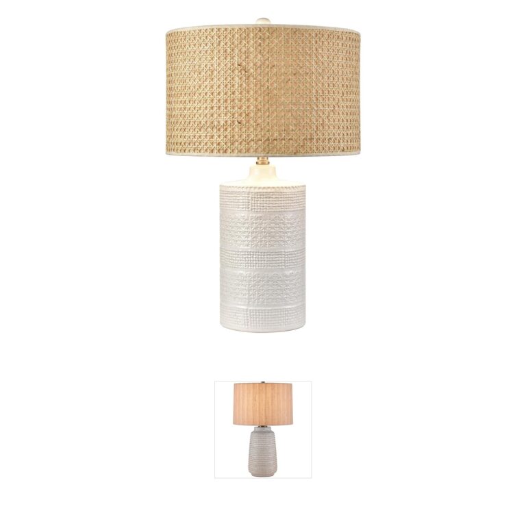 Atlas Lighting & Home Seymour White Glazed Ceramic Table Lamp with Rattan Shade
