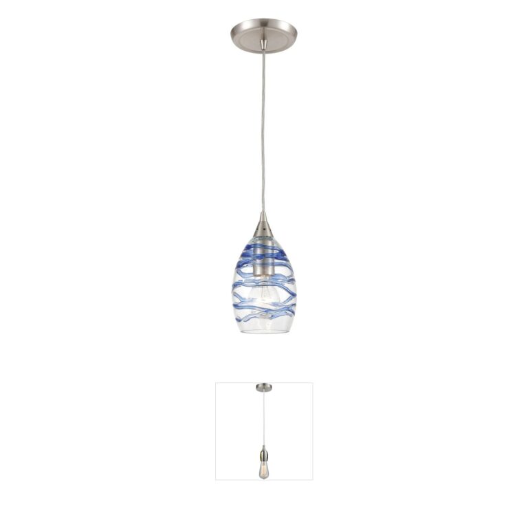 Atlas Lighting & Home Vines 5-Inch Satin Nickel Mini Pendant with Blue Swirl Glass