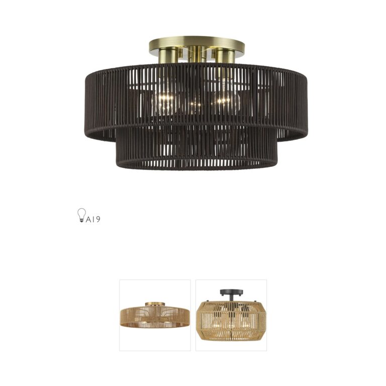 Livex Lighting Acordia Antique Brass Semi-Flush Mount with Hand-Woven Rope Shade