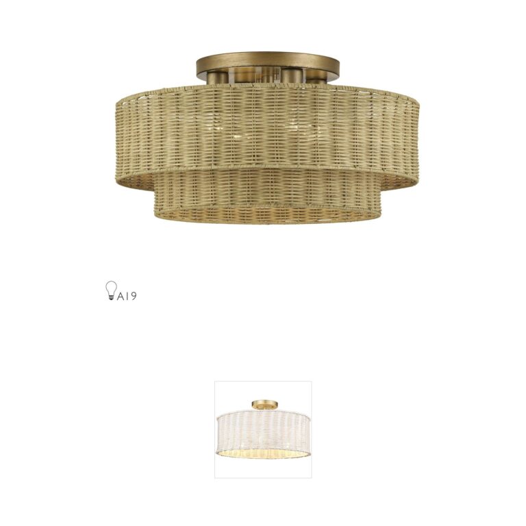 Livex Lighting Weavington Rattan and Antique Gold Leaf Semi-Flush Mount