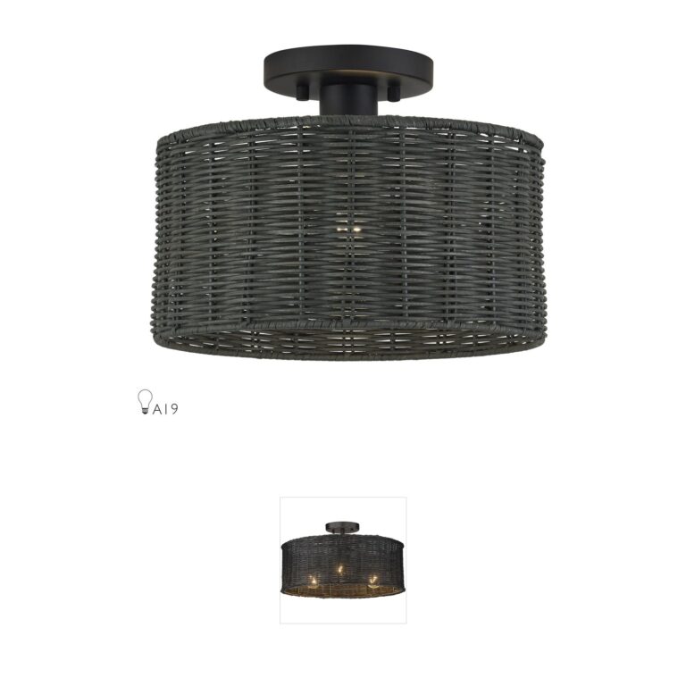 Livex Lighting Weavington Black Semi-Flush Mount with Hand-Woven Charred Gray Rattan Shade