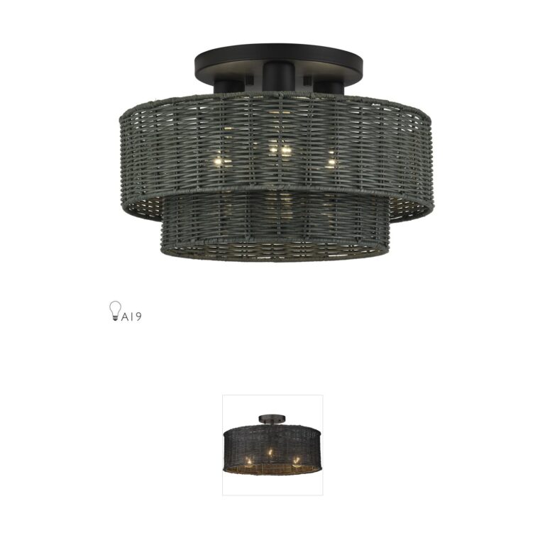 Livex Lighting Weavington 15-Inch Hand-Woven Rattan Semi-Flush Mount in Black