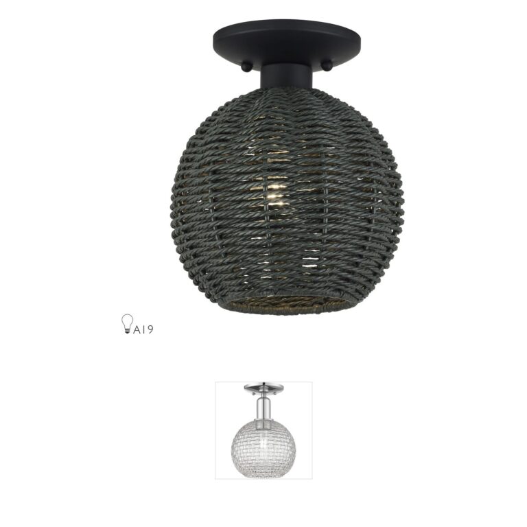 Livex Lighting Deluna 8-Inch Black Steel Semi-Flush Mount with Hand-Woven Paper Rope Shade
