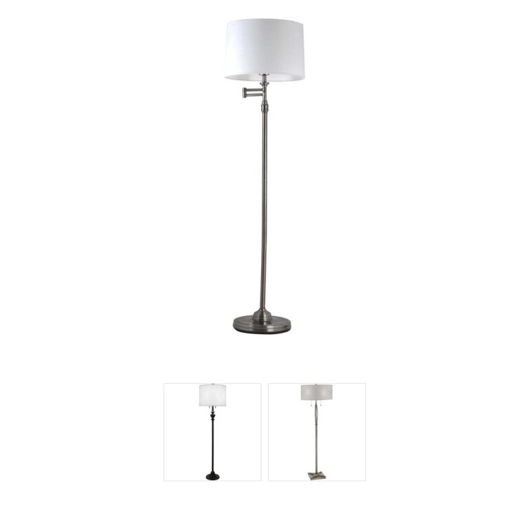 Adesso Aaron Antique Pewter Swing Arm Floor Lamp with Textured Linen Shade