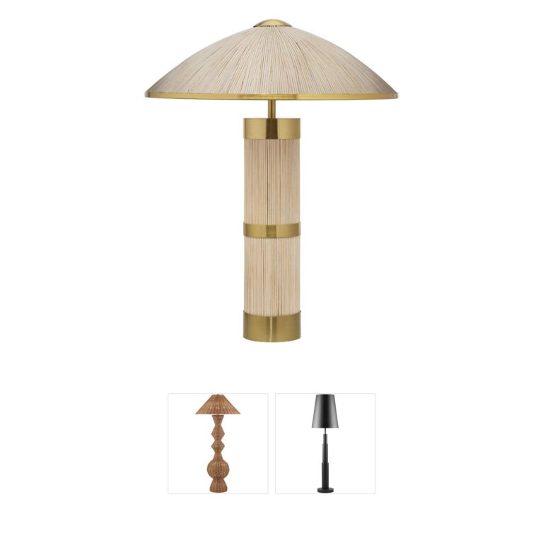 Jamie Young Co Seychelles White Washed Rattan Floor Lamp with Polished Brass Accents